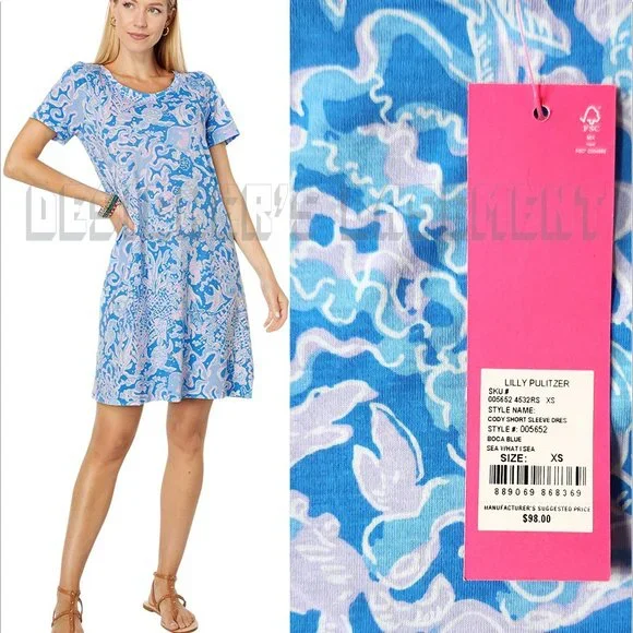 LILLY PULITZER Cody cotton T-shirt Dress in Boca Blue Sea What I Sea XSmall NWT - Picture 1 of 7